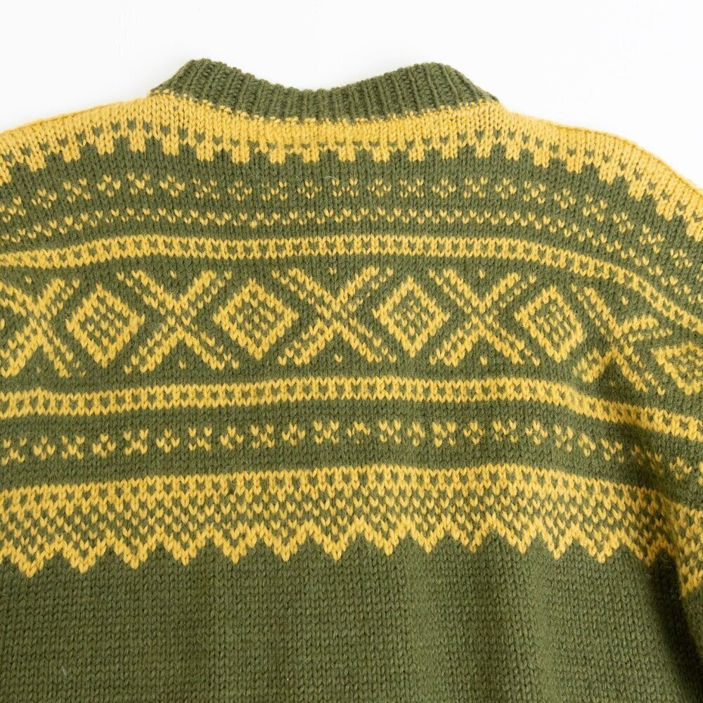 Vintage Marius Norwegian Sweater Wool Cardigan Hand Knit Ski 80s Green Yellow - Picture 13 of 16